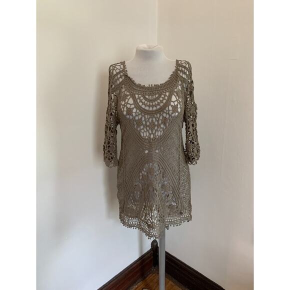 Banana Moon Short Shift Mini Dress Crochet Olive Mesh Eyelet Backless Beach Boho - Picture 1 of 13
